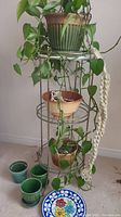 Full view of metal and glass plant stand with three live plants in ceramic planters, empty planters on floor, macrame hanger