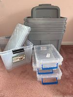 Photo showing assortment of large gray storage totes with lids, clear bins with black handles, and flat clear containers with blue handles on carpeted floor.