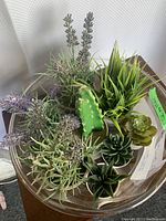 Top-down view of assorted mini faux plants in pots showing lavender, cactus, succulents and grassy plants.
