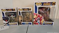 Set of three Funko Pop! Marvel Avengers Infinity War figures in original boxes: Proxima Midnight (#292), Groot (#293), Hulkbuster 6-inch (#294)