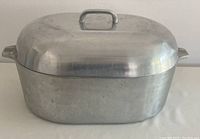 Full view of the closed roaster showing rectangular body, lid with handle, and side handles