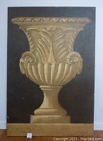 Front view of large fresco painting on burlap showing classical urn design