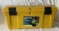 Closed yellow Mastercraft toolbox showing size and brand sticker