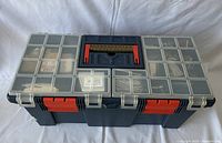 Closed plastic toolbox showing clear compartment lid with organized metal nails and screws inside.