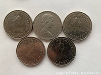 Obverse side of five Canadian 1 dollar coins showing Queen Elizabeth II portraits with years 1984, 1982, and 1971