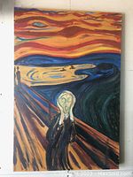 Oil painting on canvas showing a scream-inspired figure with swirling red, orange, blue sky and water background, size approximately 36x24 inches.