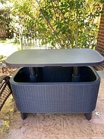 Front view of the cooler with its lid open showing the spacious interior compartment and support columns for the top lid.