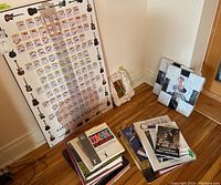 Photo showing guitar chord wall hanging poster leaning against the wall with a stack of books on the floor, including framed pictures.
