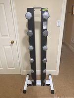 Front view of dumbbell stand loaded with pairs of dumbbells from 3 lbs to 15 lbs