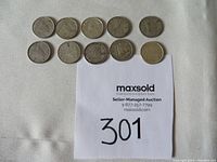 10 Canadian silver dimes displayed in a row above a MaxSold auction card labeled 301.