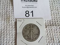 Obverse of the 1943D silver Walking Liberty half dollar coin showing Lady Liberty walking with the sun rising.