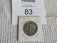 Obverse side of the 1945D Walking Liberty silver half dollar coin showing Lady Liberty walking and date visible