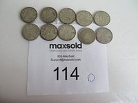 Top-down view of all 10 Canadian silver dimes arranged in two rows showing the obverse side with the image of the Bluenose schooner and dates.