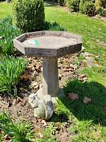 Side view of the octagonal concrete bird bath with the cement squirrel figurine at its base, showing moss and wear.