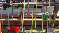 Photo showing multiple garden tools including metal flat shovel, pitchforks, red plastic snow shovels, and wooden-handled rakes all lined up outside on grass in natural light.