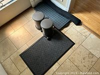 Photo of two gray metal foot-activated trash cans side by side on a tiled floor with a black boot tray and fabric door draft blocker.