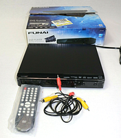 Funai DVD player with remote control and AV cables in front of product box.
