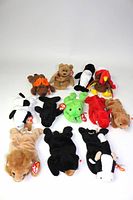 Front view of all 12 vintage Ty Beanie Babies arranged facing forward, showing their front features and original tags.