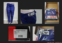 Collage photo including pants in various views, close-up of SFI patch, product packaging with G-Force branding, and the product box label showing 'GF545 Multi Layer Pants' size men's small.