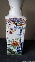 Side view of the square Imari porcelain vase showing its floral and bamboo painted design with multicolor decoration