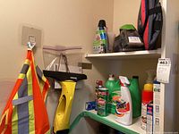 Shelf with cleaning bottles including Comet, Shout, Gain, large detergent bottles, Bissell pet stain eraser solution, foldable cooler bag with red trim, and high visibility safety vest.
