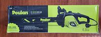 Boxed Poulan 18-inch electric chainsaw showing front side with branding and product image.
