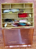 Open plastic container showing multiple fishing lures inside organized in compartments
