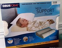 OBUSForme Neck Support Pillow box showing ergonomic design and woman laying on pillow for support