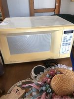 Full view of Sanyo Super Showerwave microwave oven model EM P300W showing yellowed white exterior and mesh window on door.