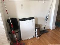 Winix PlasmaWave air purifier model C535, two metal trash bins with tops, two swivel sweepers both leaning against the wall on a floor with hardwood and rugs.