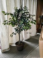 Silk fig tree approximately 58 inches tall with green leaves in brown pot shown in living room setting.