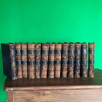 Full row of 15 hardcover vintage books showing leather-worn spines and titles