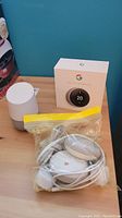 Overview of Google Nest Thermostat box, one Google Home, plastic bag with cables and two Google Home Minis