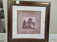 Front view of Tuscan tree print in gold ornate frame showing the entire framed artwork.