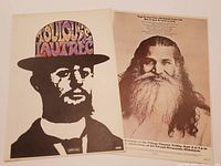 Two 1970s vintage psychedelic pop art prints by Peter Max laid side by side. Left print is a colorful psychedelic portrait of Toulouse Lautrec. Right print is a sepia-toned photographic style portrait of yoga guru Swami Satchidananda with text.