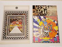 Two Peter Max psychedelic pop art prints side by side on white background showing full front view, includes vintage 1970s style and light soiling on white borders
