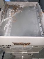 Box of plastic sleeve protectors with holes for binder insertion, containing multiple sleeves with attached safety pins and elastic bands.