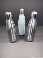 Front view of three stainless steel water bottles - two silver and one white thermos in center