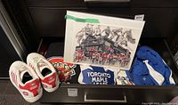 Photo of the framed Canadiens 'Les Habitants' poster, Canadiens-themed running shoes, Toronto Maple Leafs NHL jersey, Blue Jays windbreaker, and some T-shirts.
