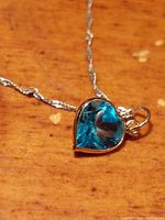 Close-up of heart-shaped blue topaz pendant set in white gold