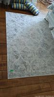 Full view of the light gray patterned area rug on wooden floor, showing overall design and condition.