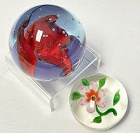 Two glass paperweights side by side: larger Caithness Scotland blown glass paperweight with red and purple internal design and smaller clear glass floral paperweight