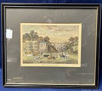 Full view of framed antique etching print in black frame with gold trim and dark mat, showing rural scene with animals and buildings.