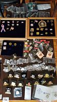 Photo showing the variety of pins and keychains laid out on a table, some on black backing boards and others in small plastic bags.