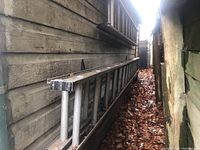 Two aluminum extension ladders placed parallel against a weathered wooden exterior wall in an outdoor narrow space filled with dry leaves.