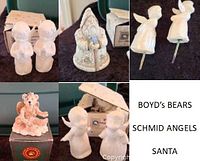 Multiple small angel figurines, Boyd's Bears angel, Santa bell, and boxed angels displayed