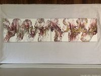 Horizontally oriented abstract canvas painting showing pink, purple, gold, and white organic flow patterns