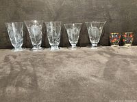 Front view of all seven glasses in a row on a textured brown surface showing five clear glasses with etched floral design and two smaller glasses with colorful floral pattern.
