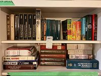 Overview of multiple shelves with assorted books