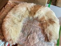 Top side of a light beige and brown fur collar on fabric surface